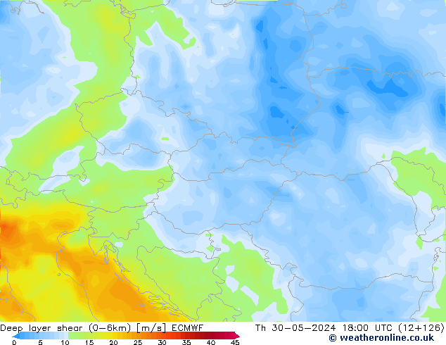 Deep layer shear (0-6km) ECMWF Th 30.05.2024 18 UTC