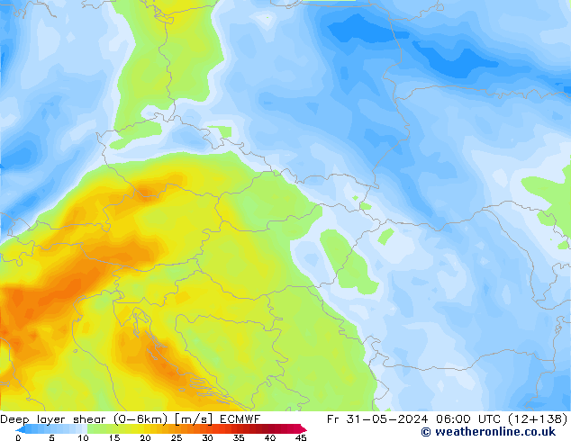 Deep layer shear (0-6km) ECMWF ven 31.05.2024 06 UTC