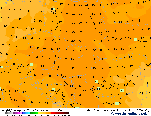 Height/Temp. 925 hPa ECMWF pon. 27.05.2024 15 UTC