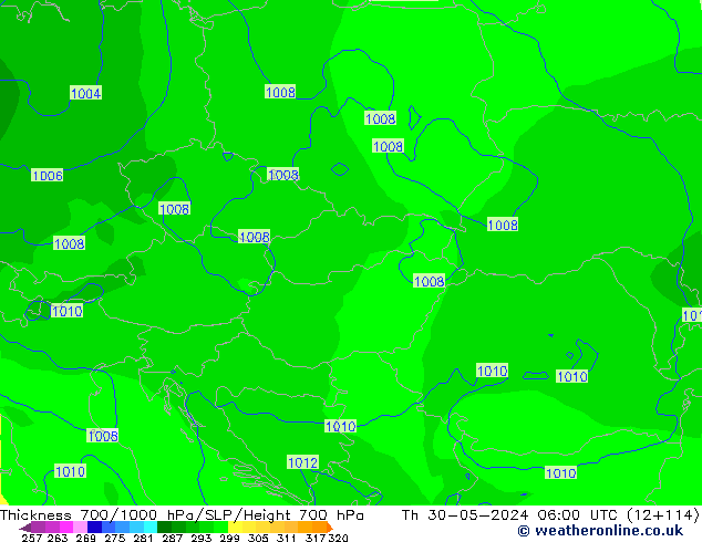 Espesor 700-1000 hPa ECMWF jue 30.05.2024 06 UTC