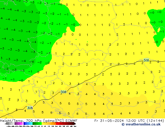 Height/Temp. 700 гПа ECMWF пт 31.05.2024 12 UTC