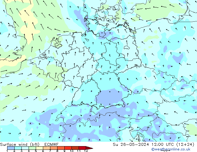  10 m (bft) ECMWF  26.05.2024 12 UTC