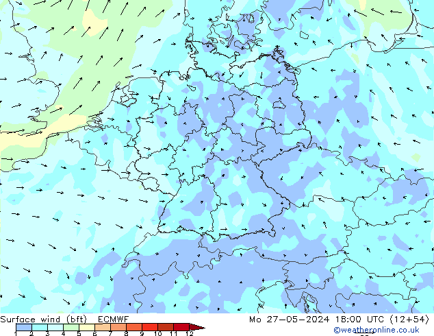 Rüzgar 10 m (bft) ECMWF Pzt 27.05.2024 18 UTC