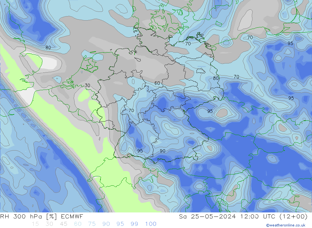 Humidité rel. 300 hPa ECMWF sam 25.05.2024 12 UTC