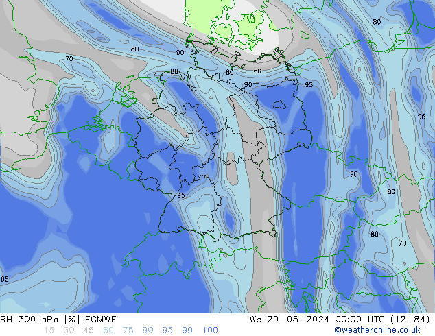 RH 300 гПа ECMWF ср 29.05.2024 00 UTC