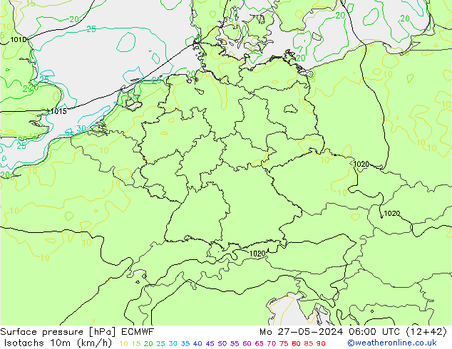 Isotachen (km/h) ECMWF Mo 27.05.2024 06 UTC