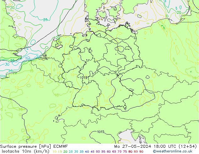 Isotachs (kph) ECMWF Mo 27.05.2024 18 UTC