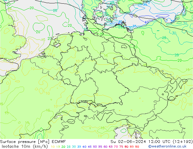 Isotachs (kph) ECMWF dom 02.06.2024 12 UTC