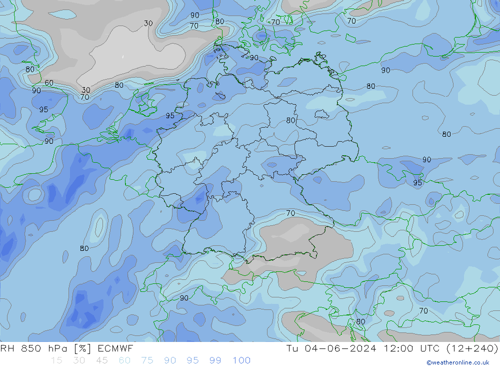 Humidité rel. 850 hPa ECMWF mar 04.06.2024 12 UTC