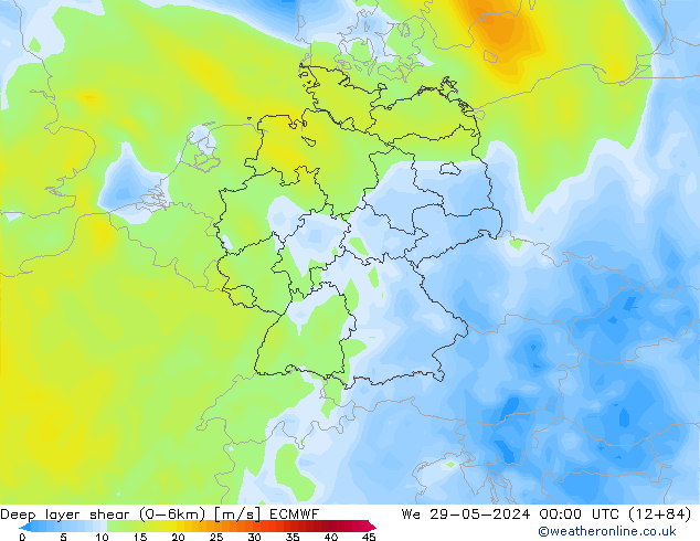 Deep layer shear (0-6km) ECMWF mer 29.05.2024 00 UTC