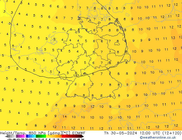 Z500/Rain (+SLP)/Z850 ECMWF чт 30.05.2024 12 UTC