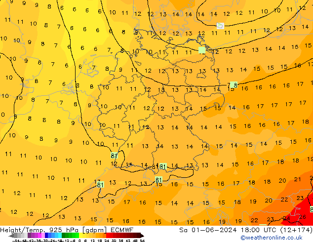 Height/Temp. 925 hPa ECMWF Sa 01.06.2024 18 UTC