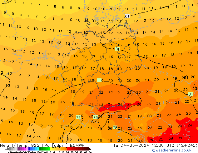 Géop./Temp. 925 hPa ECMWF mar 04.06.2024 12 UTC