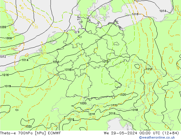 Theta-e 700hPa ECMWF mer 29.05.2024 00 UTC