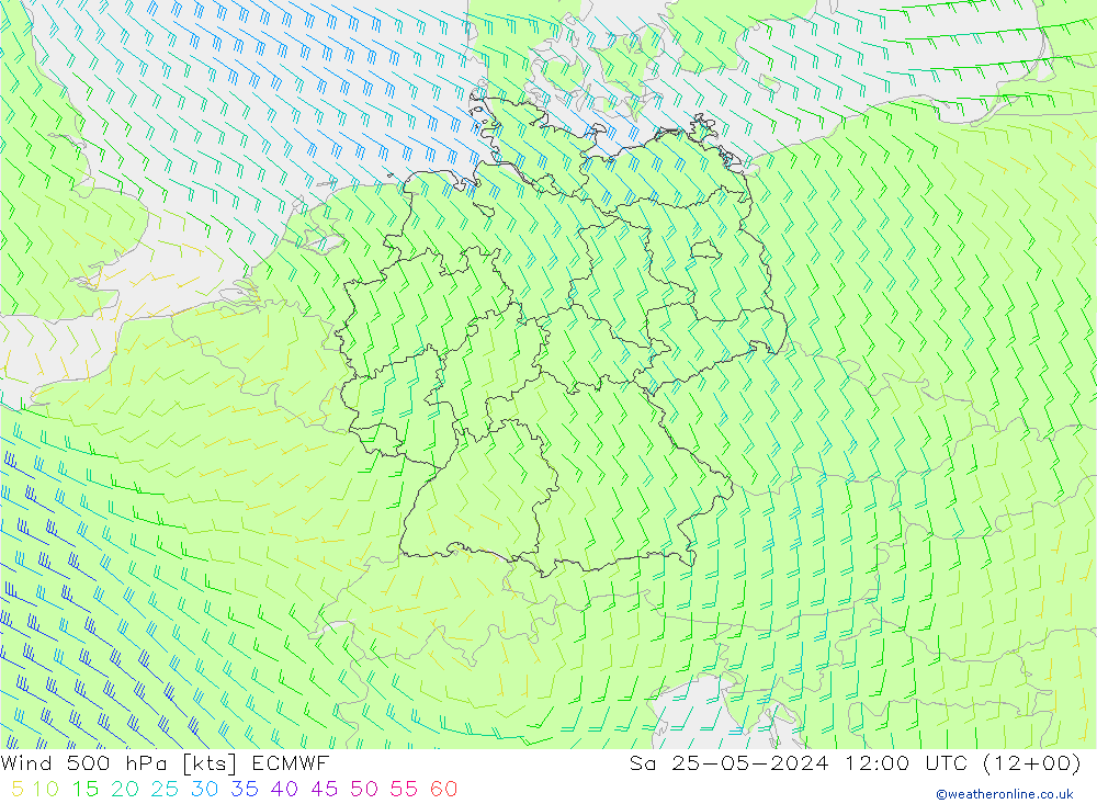 wiatr 500 hPa ECMWF so. 25.05.2024 12 UTC