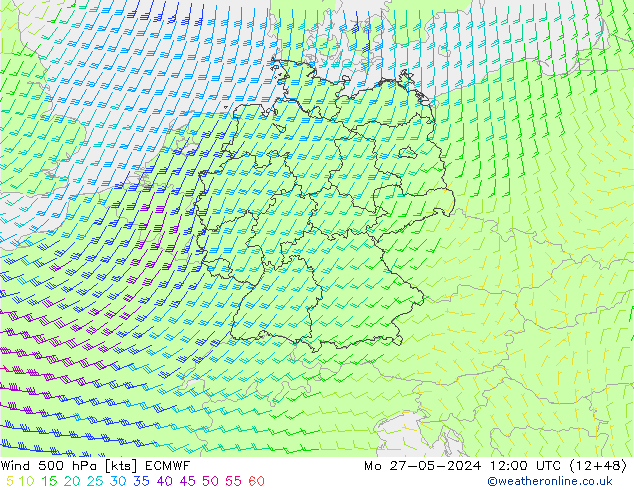 Vento 500 hPa ECMWF lun 27.05.2024 12 UTC