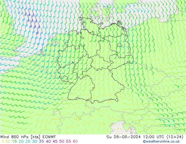 Wind 850 hPa ECMWF Su 26.05.2024 12 UTC