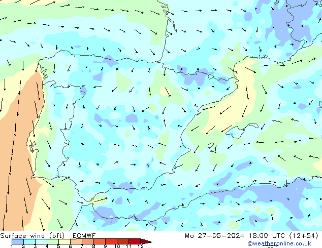 Surface wind (bft) ECMWF Po 27.05.2024 18 UTC