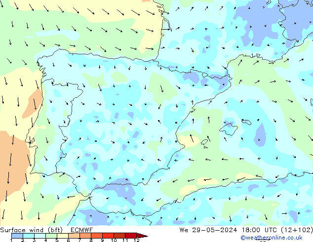 Viento 10 m (bft) ECMWF mié 29.05.2024 18 UTC