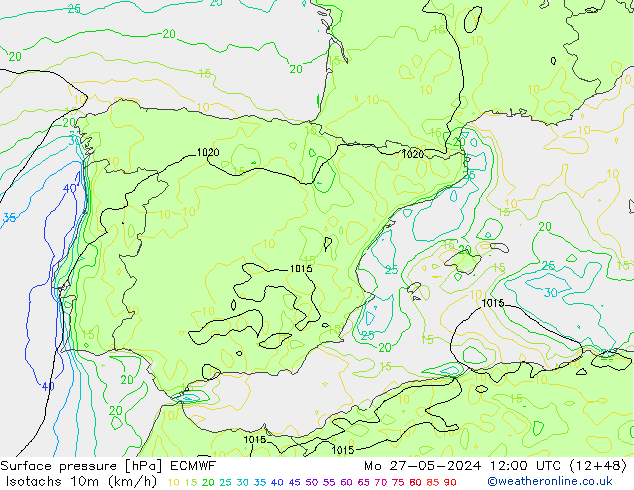 Isotachs (kph) ECMWF Seg 27.05.2024 12 UTC