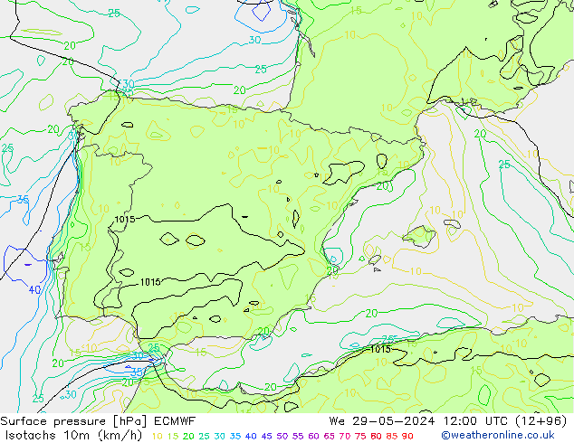 Isotachs (kph) ECMWF mer 29.05.2024 12 UTC