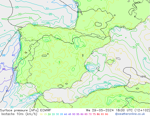 Isotachs (kph) ECMWF Qua 29.05.2024 18 UTC