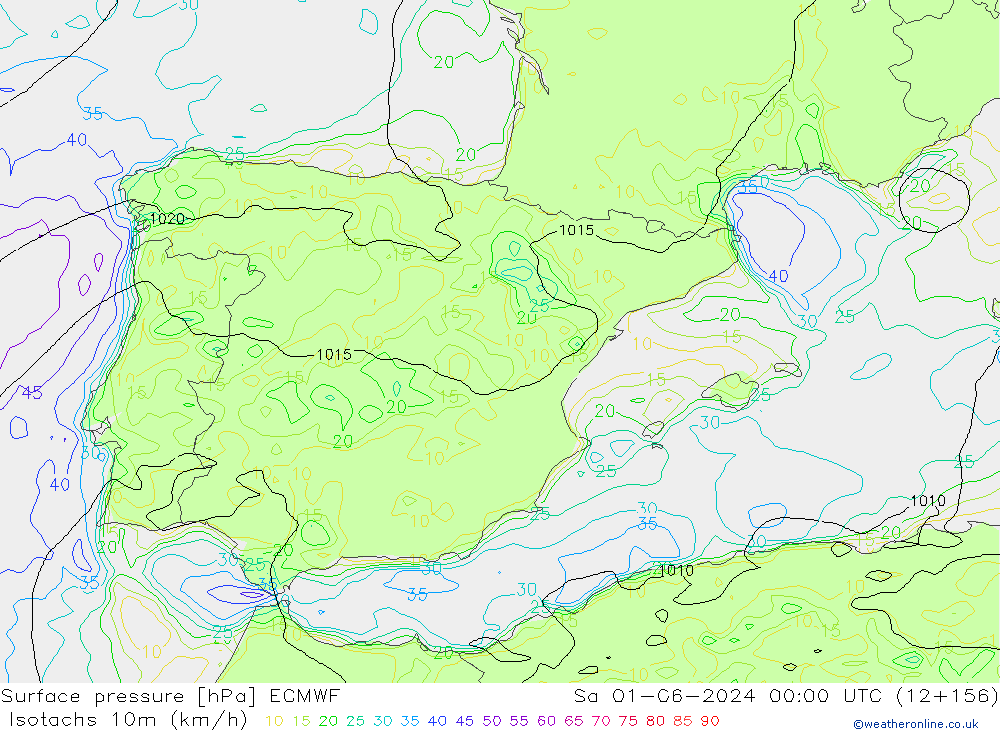 Isotachs (kph) ECMWF sam 01.06.2024 00 UTC