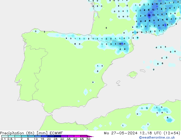 Precipitation (6h) ECMWF Po 27.05.2024 18 UTC
