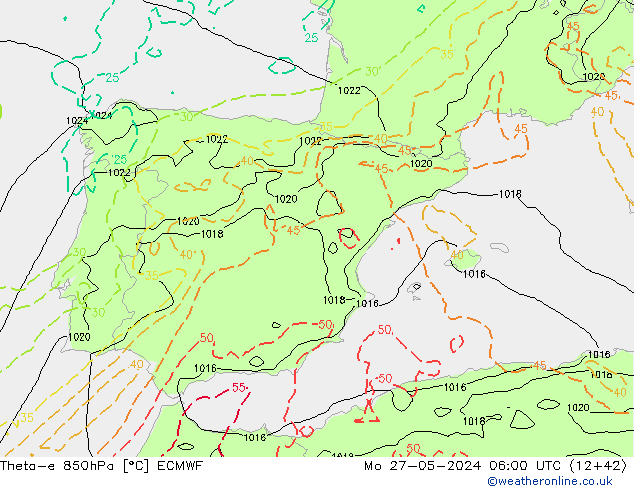 Theta-e 850hPa ECMWF Pzt 27.05.2024 06 UTC