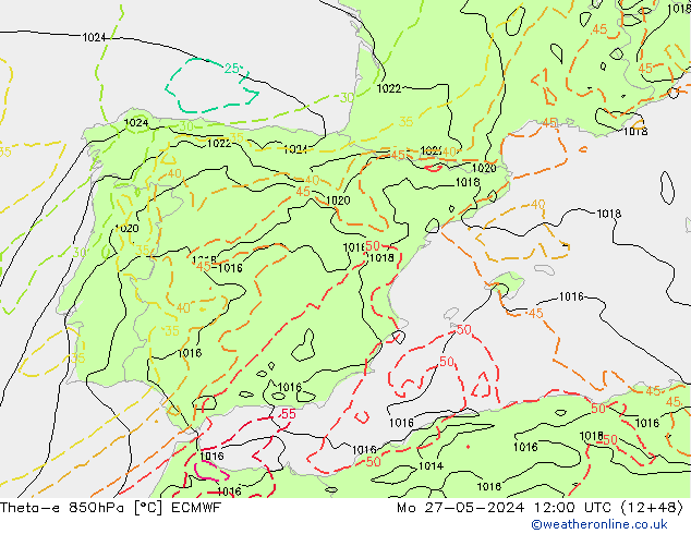 Theta-e 850hPa ECMWF Mo 27.05.2024 12 UTC