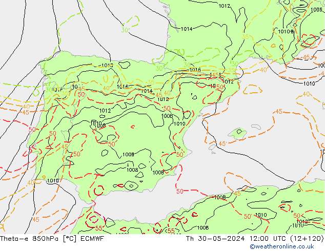 Theta-e 850hPa ECMWF Čt 30.05.2024 12 UTC