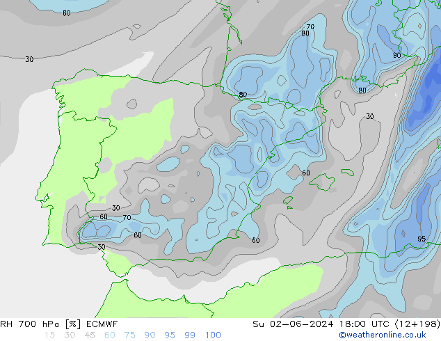 RH 700 hPa ECMWF Su 02.06.2024 18 UTC