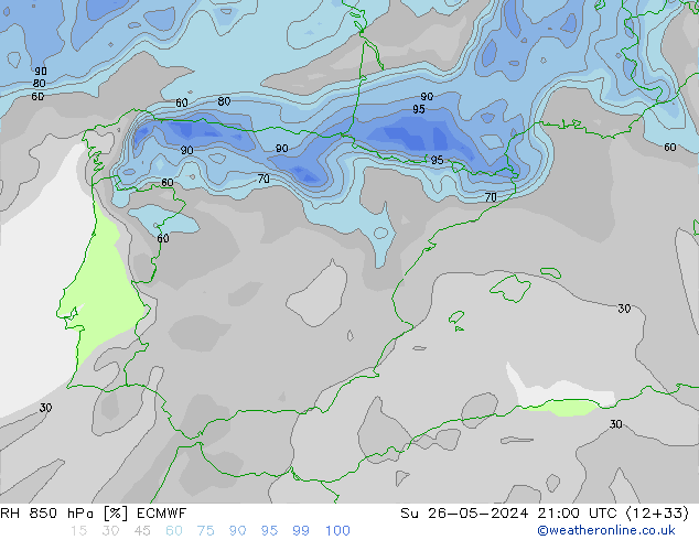 RH 850 гПа ECMWF Вс 26.05.2024 21 UTC