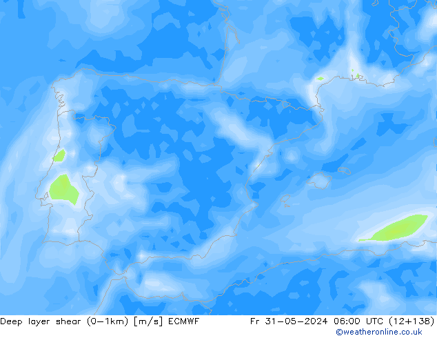 Deep layer shear (0-1km) ECMWF пт 31.05.2024 06 UTC