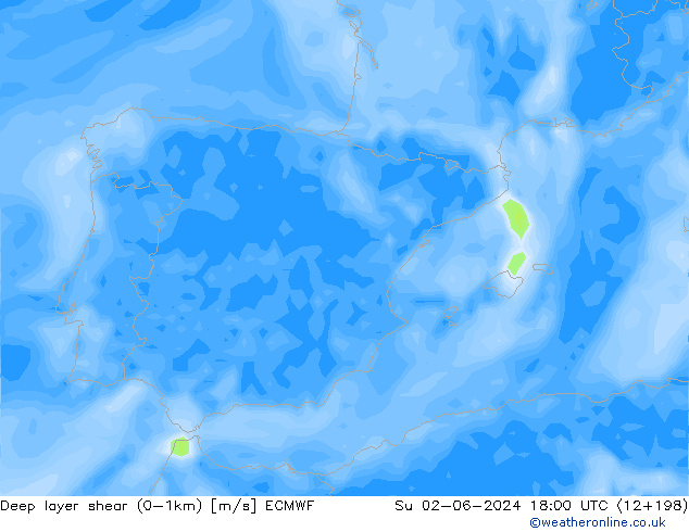 Deep layer shear (0-1km) ECMWF nie. 02.06.2024 18 UTC