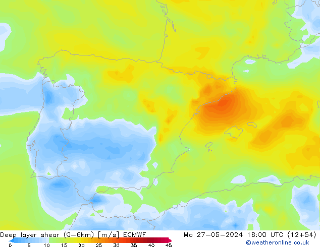 Deep layer shear (0-6km) ECMWF Mo 27.05.2024 18 UTC