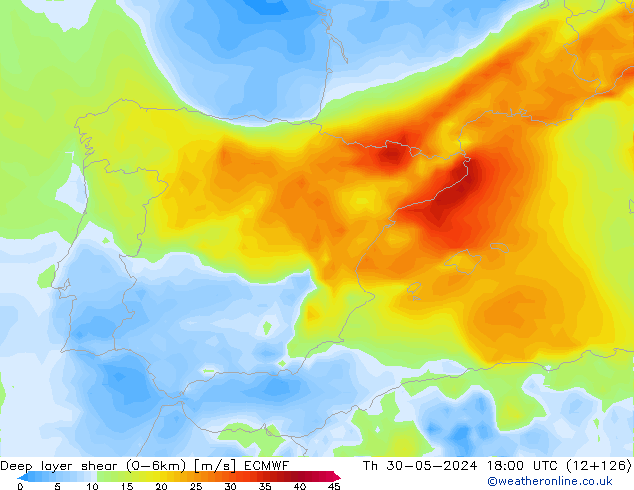 Deep layer shear (0-6km) ECMWF Th 30.05.2024 18 UTC