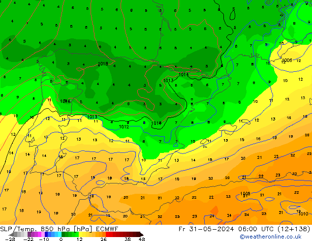 SLP/Temp. 850 гПа ECMWF пт 31.05.2024 06 UTC