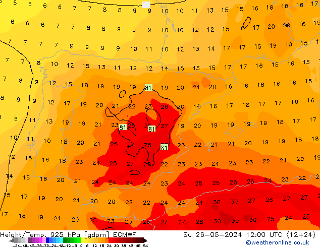 Géop./Temp. 925 hPa ECMWF dim 26.05.2024 12 UTC