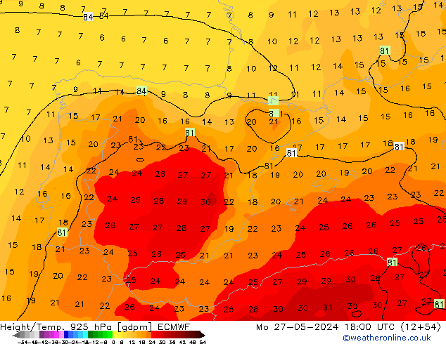 Géop./Temp. 925 hPa ECMWF lun 27.05.2024 18 UTC