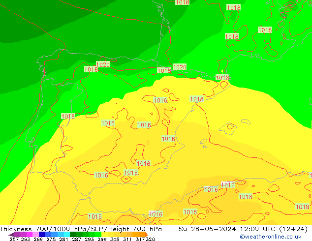 Thck 700-1000 hPa ECMWF dim 26.05.2024 12 UTC