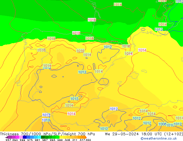 Thck 700-1000 hPa ECMWF Qua 29.05.2024 18 UTC