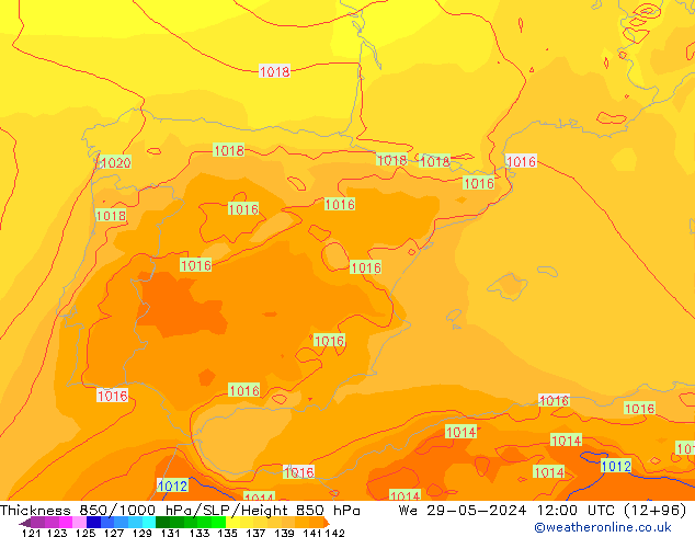 Thck 850-1000 hPa ECMWF Qua 29.05.2024 12 UTC