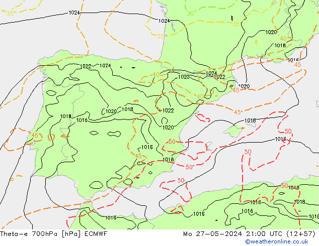 Theta-e 700hPa ECMWF Seg 27.05.2024 21 UTC