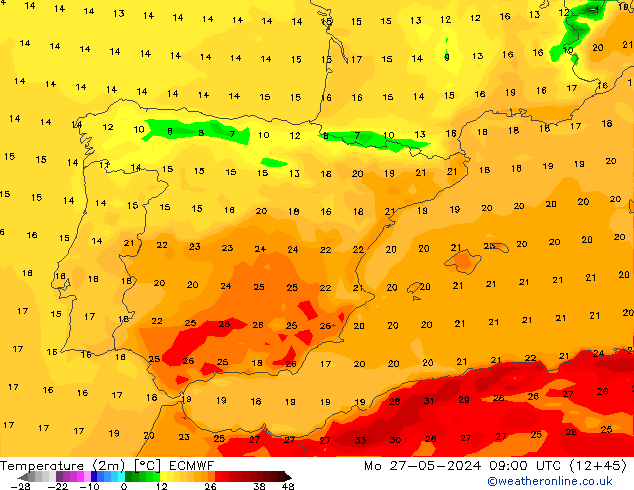 карта температуры ECMWF пн 27.05.2024 09 UTC