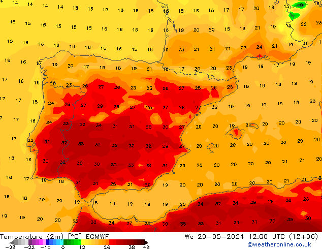 Temperatura (2m) ECMWF Qua 29.05.2024 12 UTC