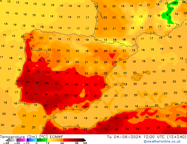 Temperatuurkaart (2m) ECMWF di 04.06.2024 12 UTC