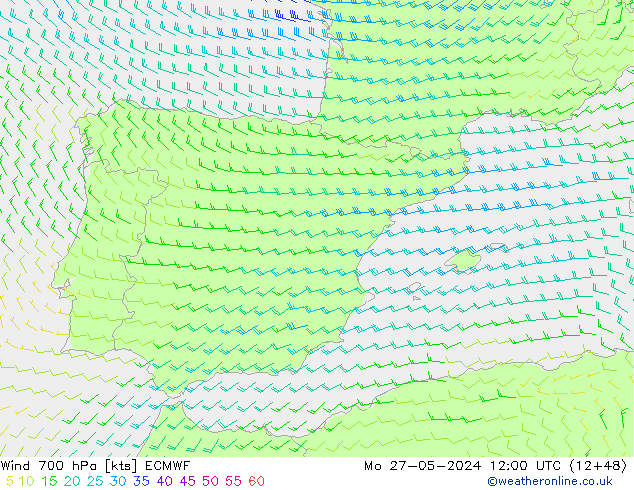 Wind 700 hPa ECMWF Mo 27.05.2024 12 UTC