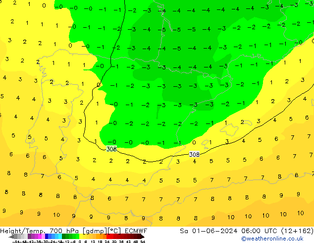 Height/Temp. 700 гПа ECMWF сб 01.06.2024 06 UTC