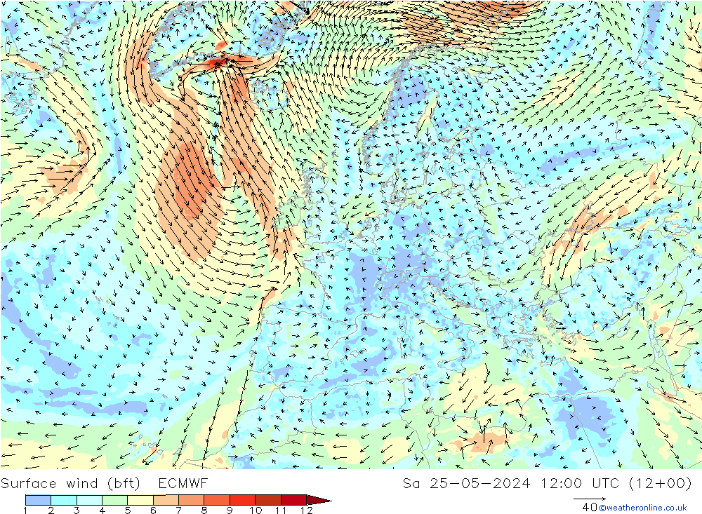 Wind 10 m (bft) ECMWF za 25.05.2024 12 UTC